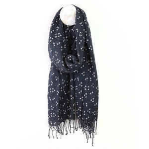 Navy and white bird print scarf with fringe