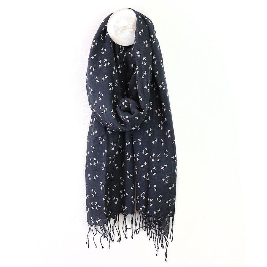 Navy and white bird print scarf with fringe