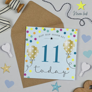 Balloon Brights 11th Birthday Card - Blue