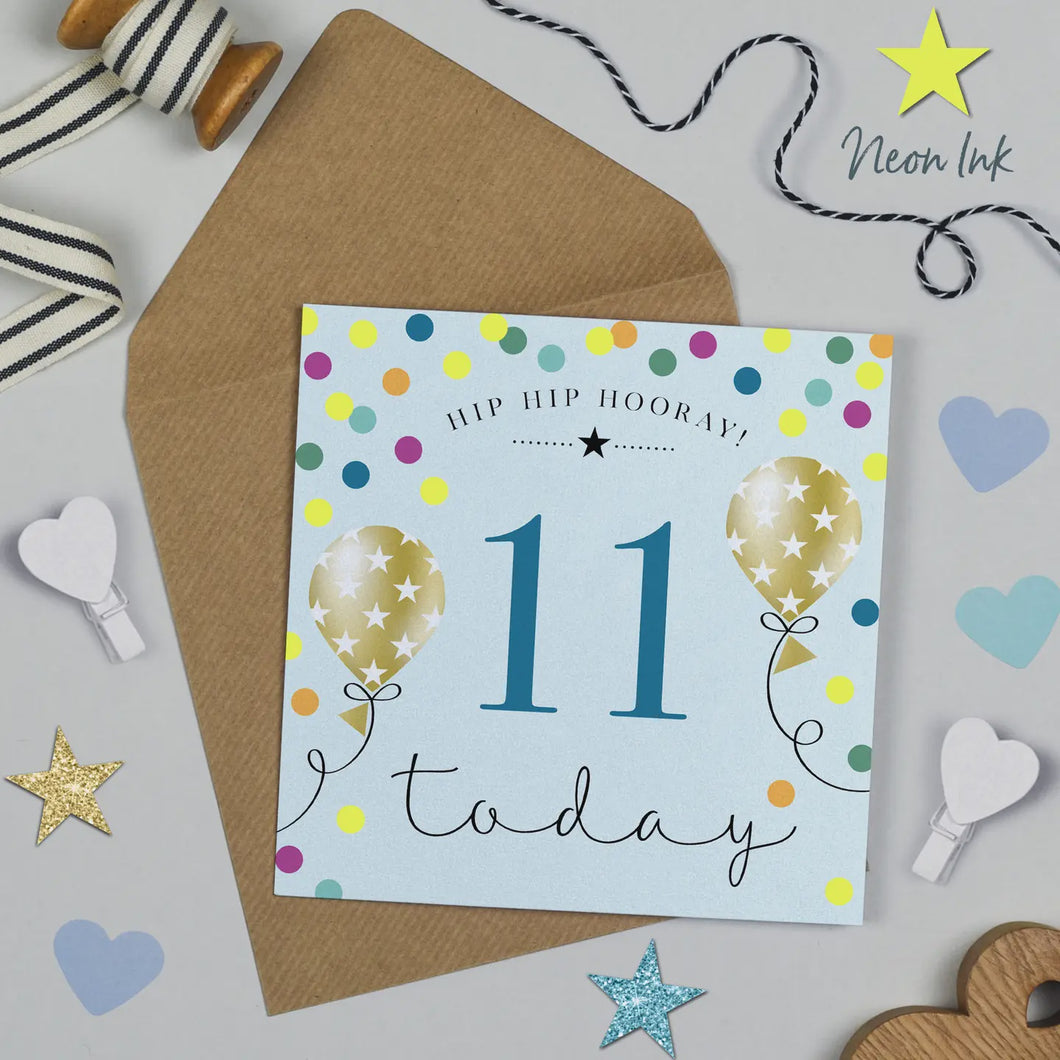 Balloon Brights 11th Birthday Card - Blue