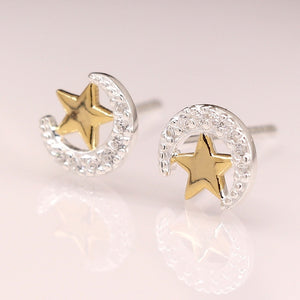 Sterling silver crystal moon and gold star earrings