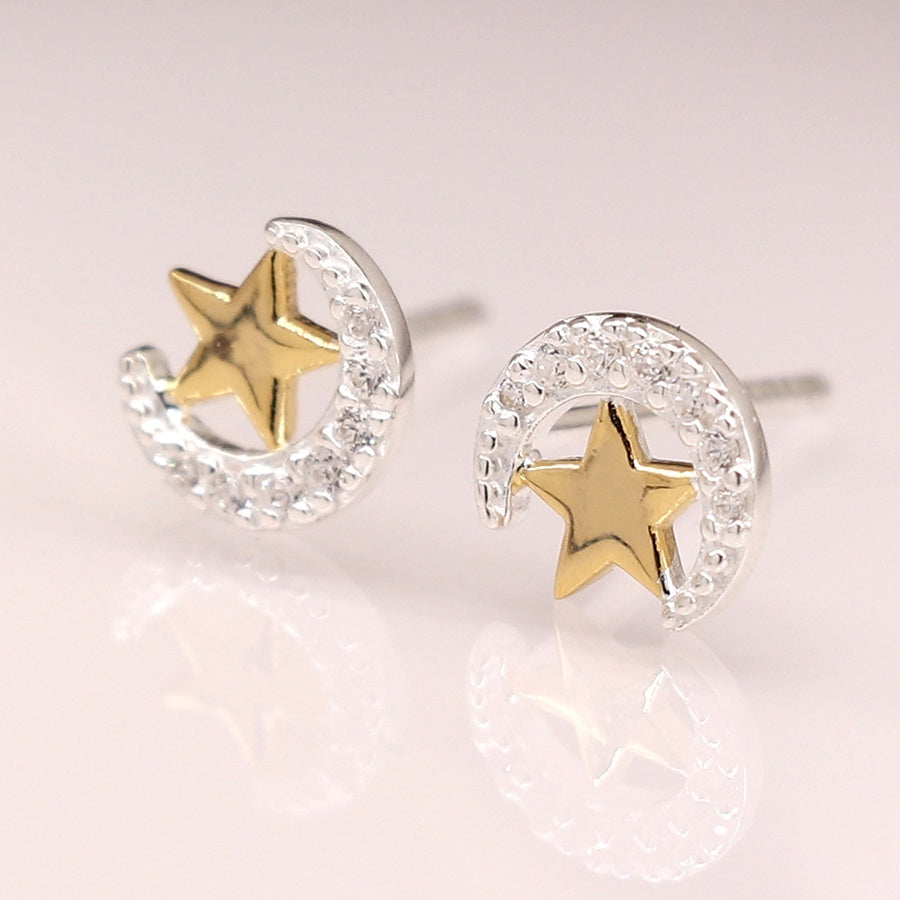 Sterling silver crystal moon and gold star earrings