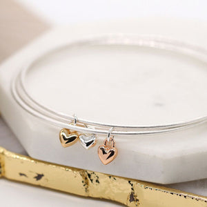 Silver Plated 3 Bangle Heart Bracelet